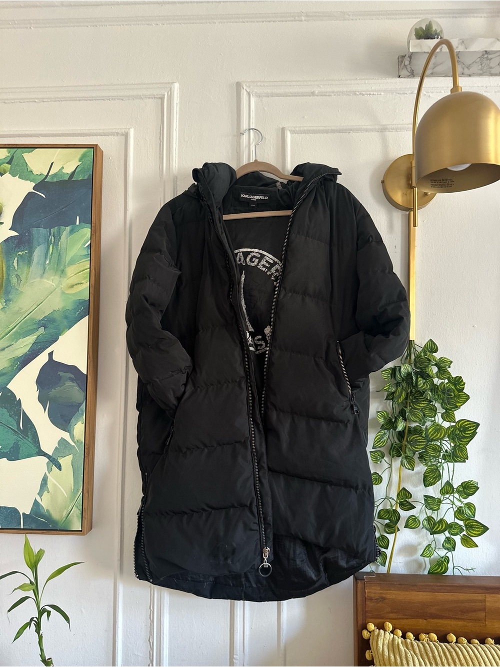 Karl Lagerfeld Black Hooded Long Puffer Coat